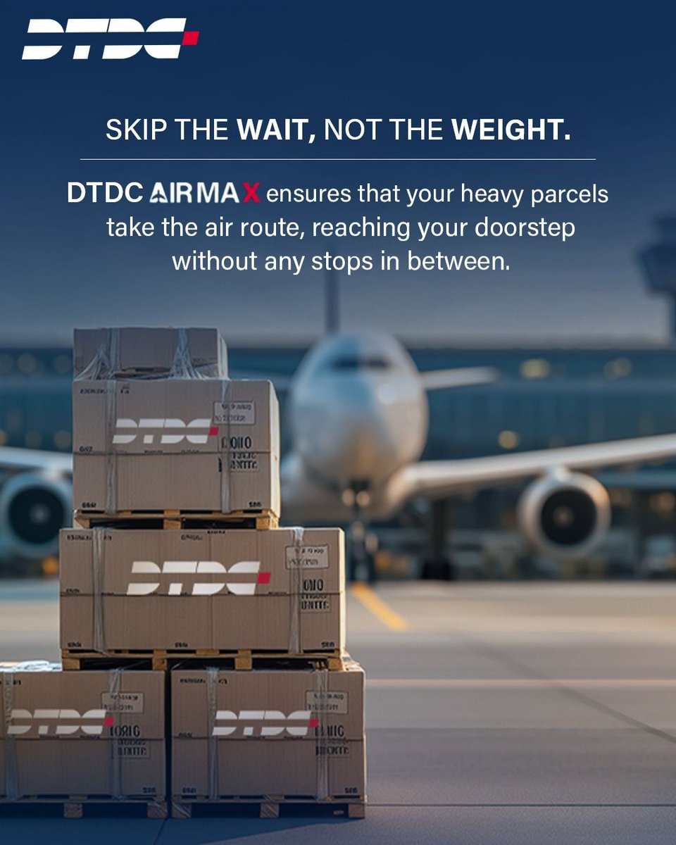 Why wait when you can fly? ✈️ With DTDC Airmax, your heavy parcels take the fastest route, straight to you, no unnecessary stops. 📦⚡

#SkipTheWait #DTDCAirmax #ConsiderItDelivered #FasterWithAirmax #HeavyParcelsLightSpeed #LetsGrowTogether #FastDelivery