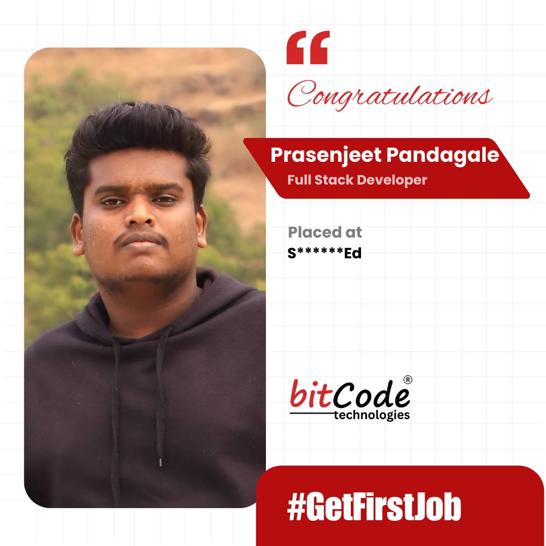 BitcodeTech's tweet image. Congratulations Prasanjeet Pandagale,
On your successful placement as a #JavaFullStackDeveloper.
We wish you all the best for an exciting journey ahead in the tech world!

Looking to kickstart your career in tech?
Join BitCode&apos;s job-oriented courses and unlock your potential.