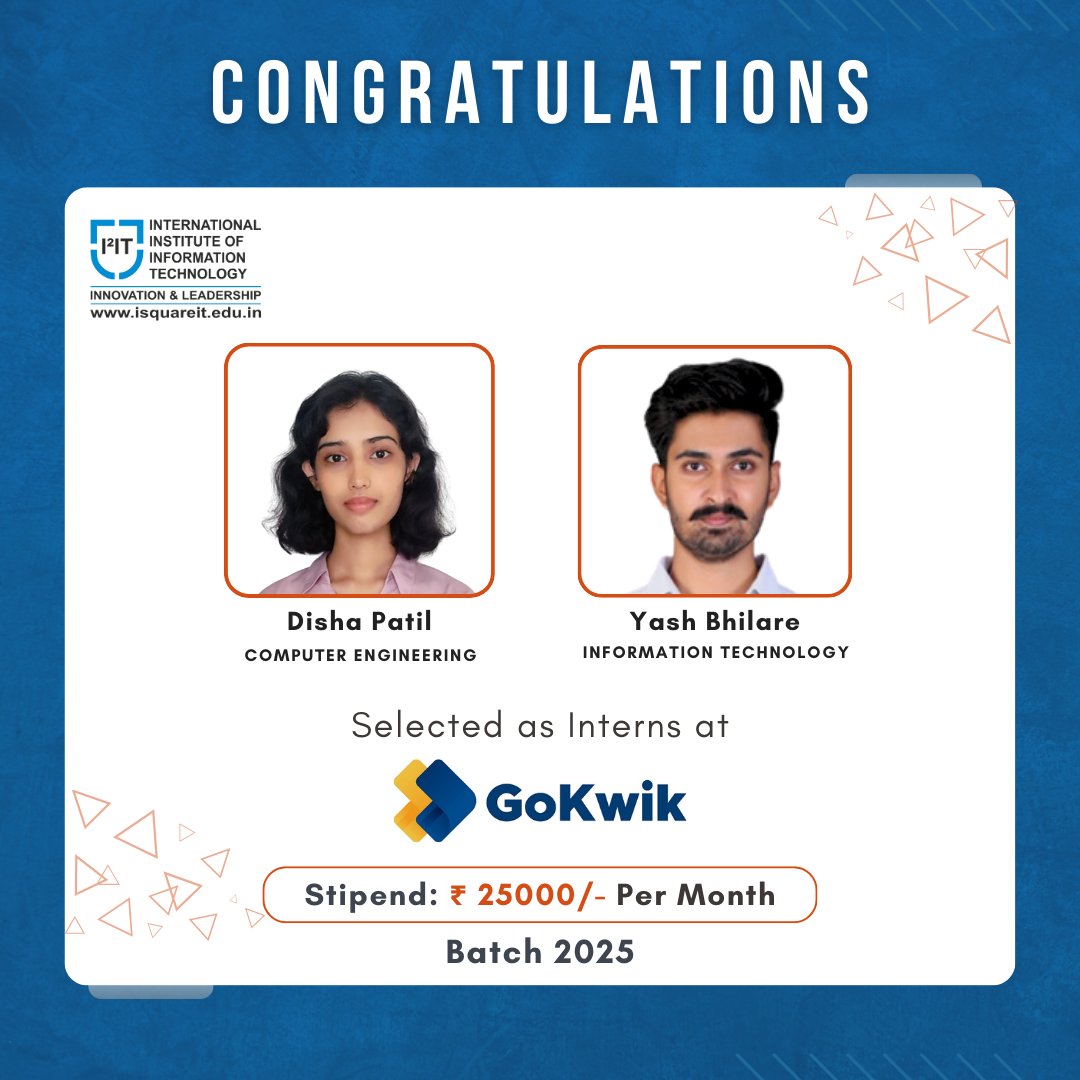 Disha Patil and Yash Bhilare, have been selected for a prestigious internship at <a href="/gokwik/">GoKwik</a>.
Congratulations, Disha and Yash! Keep growing, keep building.
#i2it #isquareitpune #engineersedge #I2ITPlacements #GoKwikInternship #Batch2025 #ComputerEngineering #InformationTechnology
