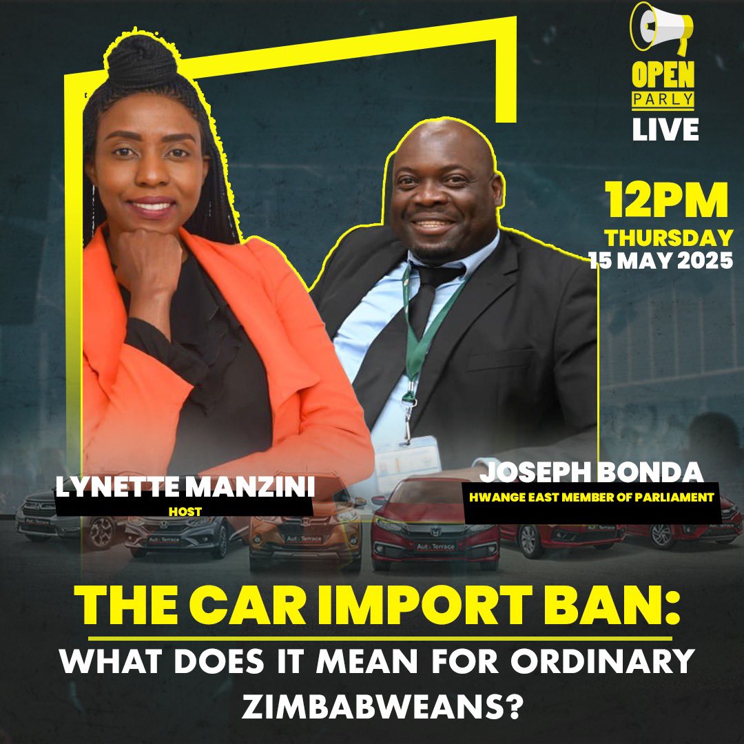 Open Parly ZW (@openparlyzw) on Twitter photo Did you know that government intends to ban importation of second hand vehicles by 2030?
Currently, importation of secondhand vehicles older than 10 years from the date of manufacture are banned.
In today’s episode of Open Parly Live join Lynette Manzini <a href="/lnmanzini/">Lynette N Manzini</a> as she Did you know that government intends to ban importation of second hand vehicles by 2030?
Currently, importation of secondhand vehicles older than 10 years from the date of manufacture are banned.
In today’s episode of Open Parly Live join Lynette Manzini <a href="/lnmanzini/">Lynette N Manzini</a> as she
