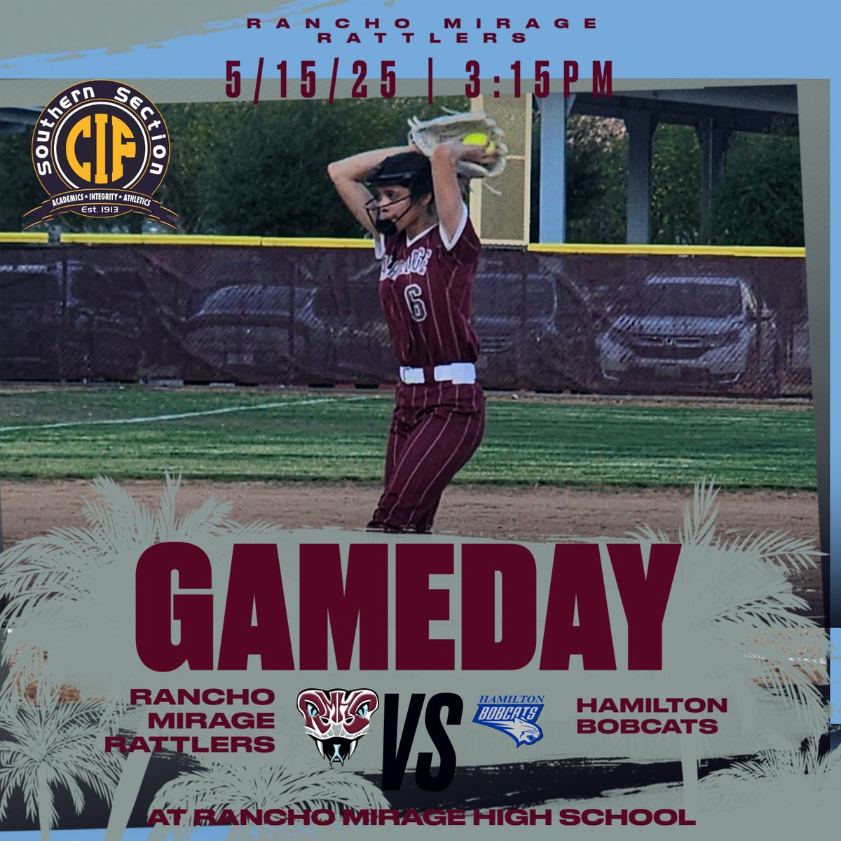 Come support our RMHS Softball team as they host the Hamilton Bobcats in the first round of CIF Playoff action at 3:15PM on Thursday, 5/15. GO RATTLERS!!