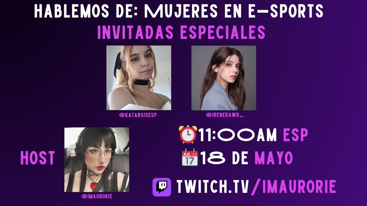 ¡Holaaaaa! Este 18 de Mayo estaré junto a las talentosísimas <a href="/irenerawr_/">IreneRAWR</a> y <a href="/KatarsisEsp/">Katarsis</a> hablando de mujeres en esports, los esperamos 🫵🏻

Ya que será muy tempranito en LATAM voy a estar grabando el programa y se subirá a YT ❤️

📺 Link en comentarios
⏰ 11:00AM 🇪🇸
🗓️ 18 de Mayo