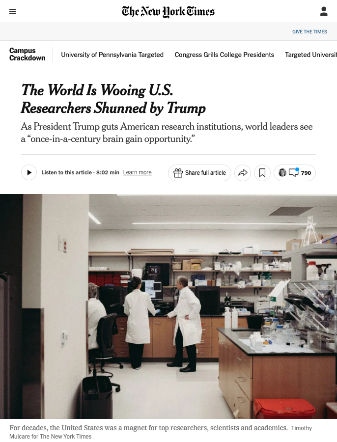 The Academy is proud to be leading Australia’s efforts to attract the smartest minds leaving the United States. This week the New York Times examined the other countries wanting to do the same: Spain. Denmark. Sweden. Norway. Britain. Canada. Portugal. Austria. The list grows