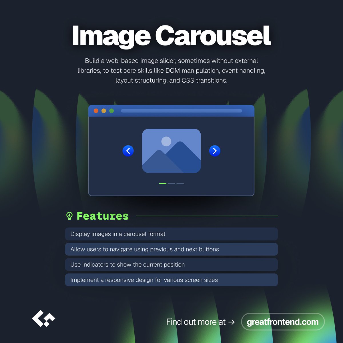 greatfrontend's tweet image. 5/ 🖼 Image Carousel
Image sliders are key components in many websites. Mastering this challenge will boost your skills in DOM manipulation, CSS transitions, and event handling.
 #imageslider #css #frontend