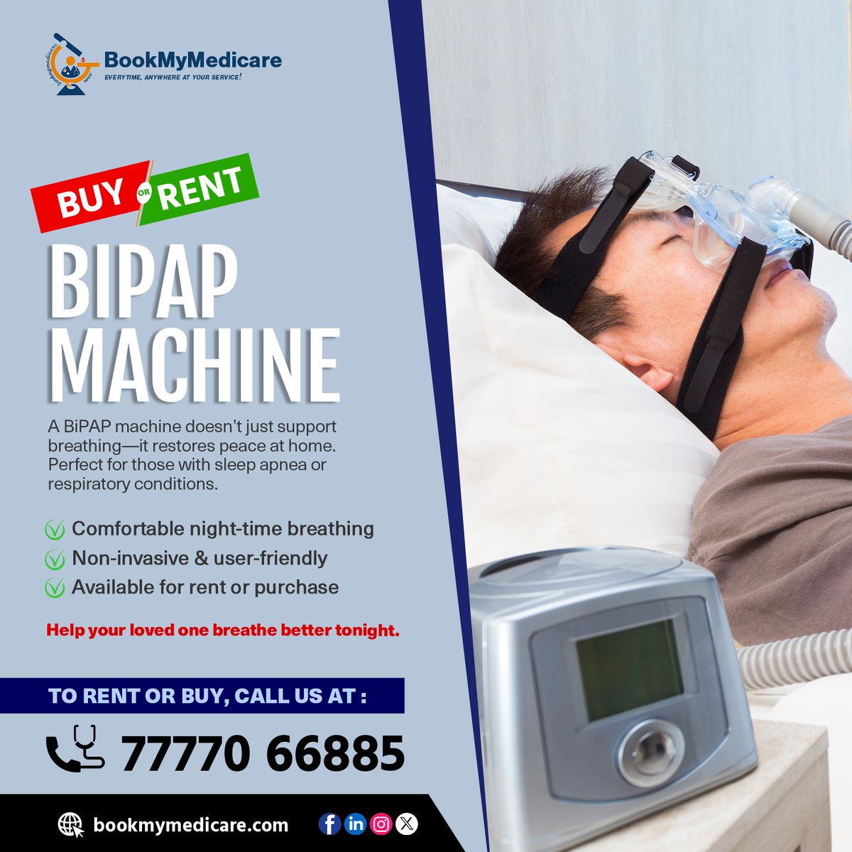 BookMedicare's tweet image. BIPAP MACHINE – Breathe Easy, Sleep Peacefully💨 

A BiPAP machine doesn’t just support breathing —
it brings peace back home.

📞 Call Now: 77770 66885

#BiPAPMachine #RespiratoryCare #SleepApneaRelief #HomeCareEquipment #BookMyMedicare #BreatheBetter