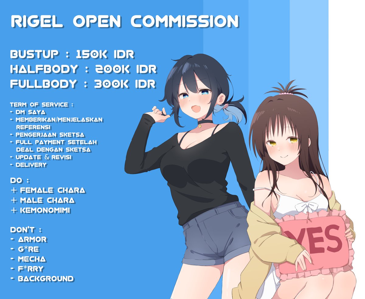 Retweet akan sangat membantu 🙏 
OPEN COMMISSION LOCAL !!! Slot (0/5)   

Untuk sample lainnya bisa cek media &amp; timeline saya 🙏

Info lebih lanjut bisa ditanyakan via DM yak. 
terima kasih ✨ ✨✨