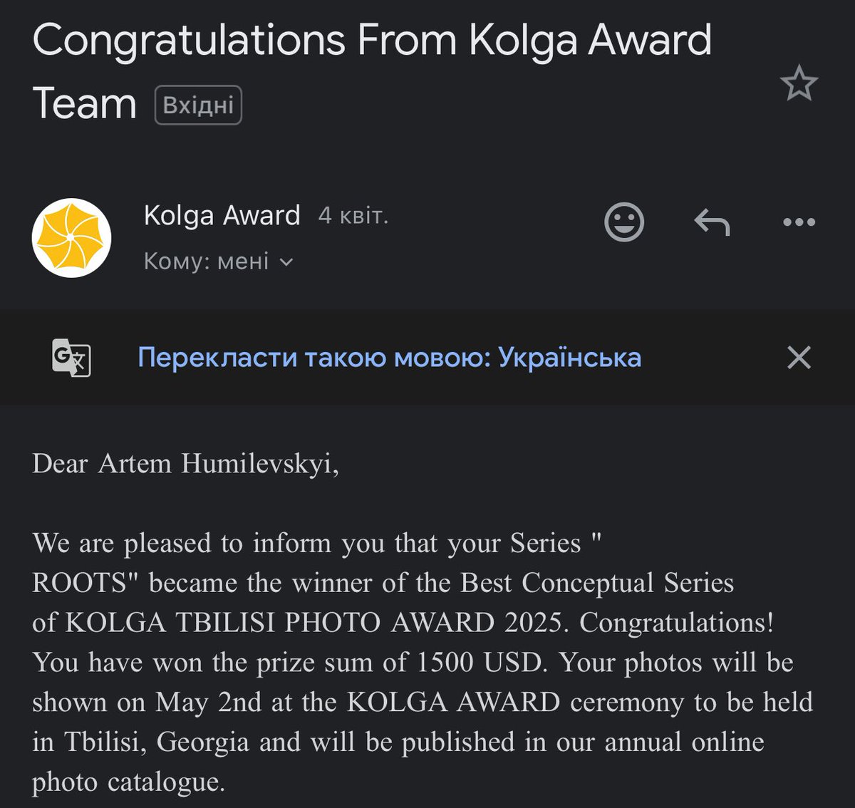 Wow 🤩 very happy, already the second winning award at the international competition this year. 
The ROOTS project became the winner of the Best Conceptual Series of KOLGA TBILISI PHOTO AWARD 2025.