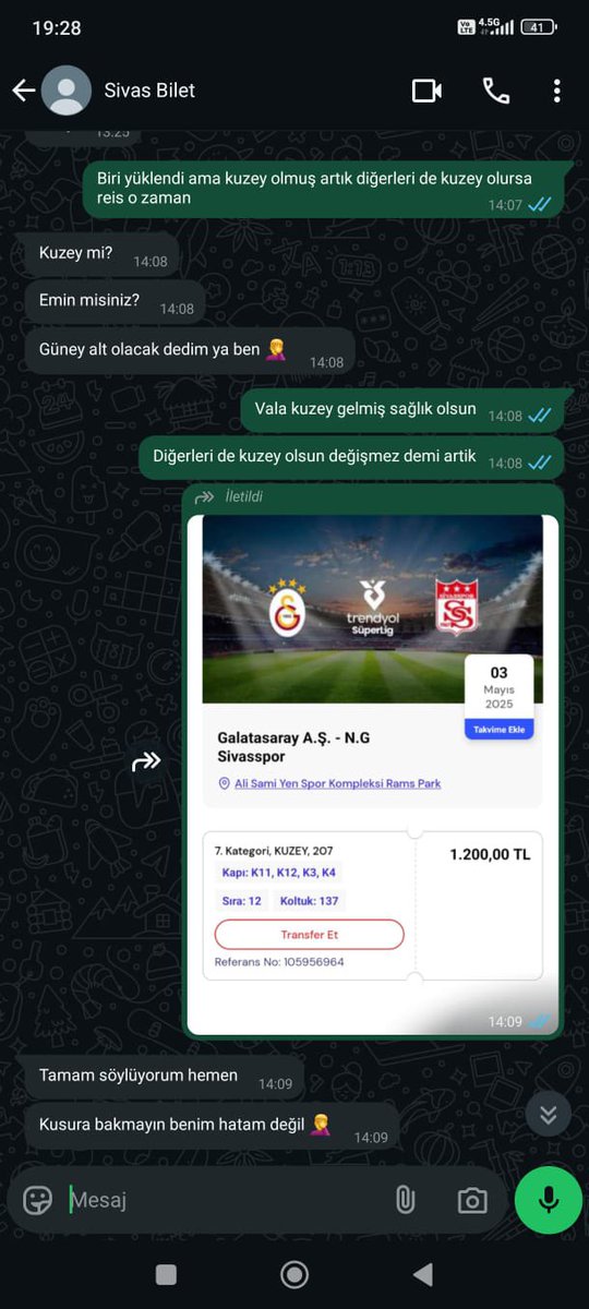 Galatasaray - Sivasspor bilet 

Kuzey-güney alt 
Batı-Doğu Alt Üst

Yanyana biletler mevcut. Ciddi alıcılar yazsın boş mesajlarla gelmeyin yüzyüze verilecek. 

wa.me/905541231291 -(