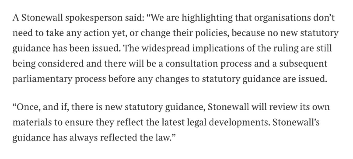 jk_rowling's tweet image. Stonewall’s ‘guidance’ on women’s and girls’ rights has not reflected the law. Stonewall advised employers to act unlawfully. The Supreme Court made the law crystal clear. Now Stonewall pretends to need further guidance itself. Good luck with that.