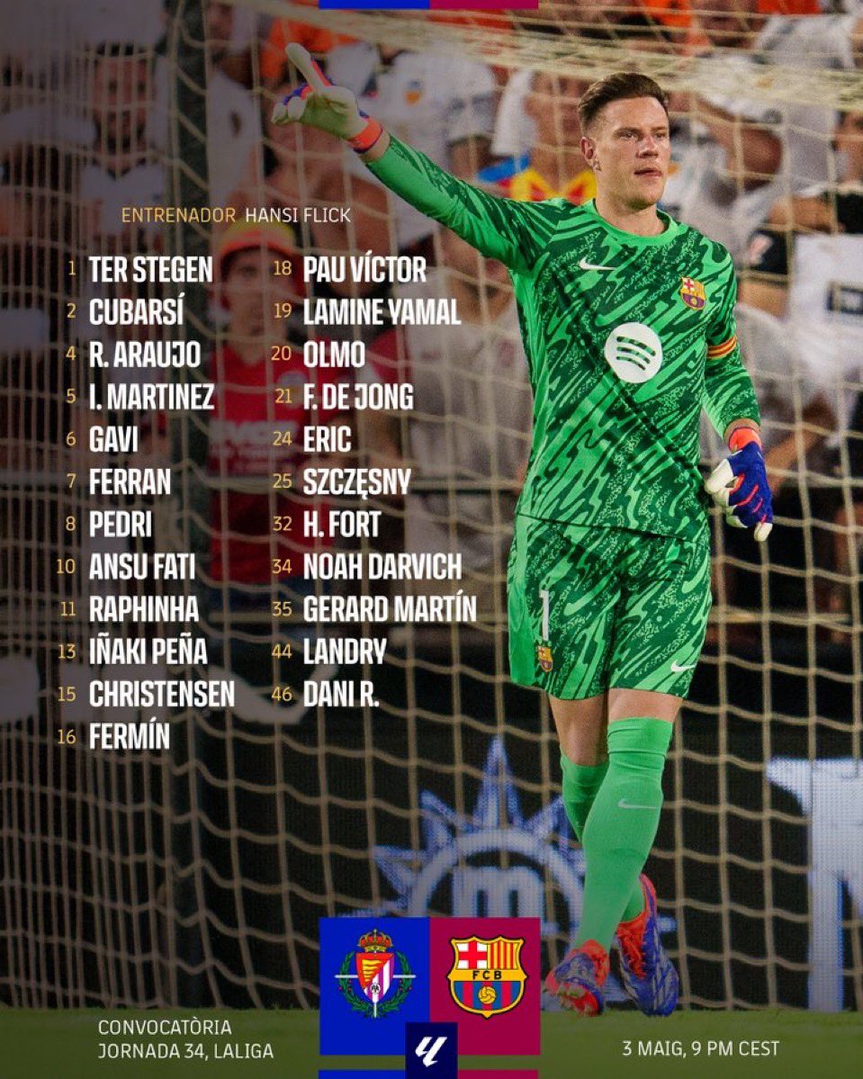 Toni Juanmartí (@tjuanmarti) on Twitter photo Entran Landry, Noah Darvich y Dani Rodríguez en la lista.
Sobre el último, <a href="/santiovalle/">Santi Ovalle</a> ya explicó ayer en el <a href="/QueThiJugues/">Què T'hi Jugues</a> que tiene muchas opciones de ser incluso titular esta noche. Atrevida apuesta de Flick en Pucela. Entran Landry, Noah Darvich y Dani Rodríguez en la lista.
Sobre el último, <a href="/santiovalle/">Santi Ovalle</a> ya explicó ayer en el <a href="/QueThiJugues/">Què T'hi Jugues</a> que tiene muchas opciones de ser incluso titular esta noche. Atrevida apuesta de Flick en Pucela.