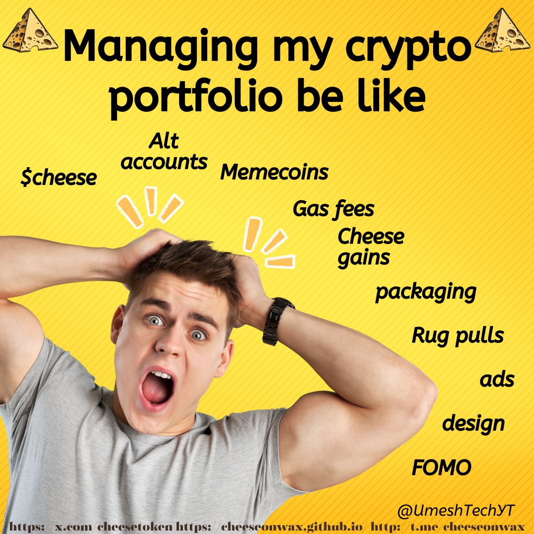 UmeshTechYT's tweet photo. Managing my crypto portfolio be like: $CHEESE, gas fees, rug pulls, FOMO! 😱 Just hold $CHEESE &amp; chill! 🧀 @cheesetoken @WAX_io $WAXP #waxnft #CryptoLife #$CHEESE #WAXchain #HODL #Blockchain #CryptoTrading #MoonBound #SmartInvesting @UmeshTechYT https://t.co/Jdr4s0LDmQ