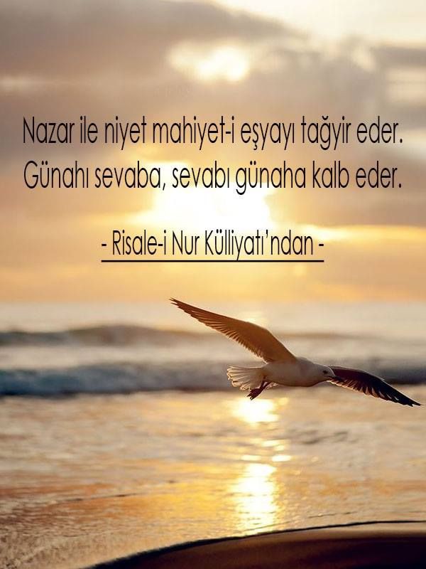 Nazar ile Niyet, Mahiyet-i Eşyayı Tağyir Eder. Günahı Sevaba, Sevabı Günaha Kalbeder. Evet Niyet, Âdi Bir Hareketi İbadete Çevirir. Ve Gösteriş için Yapılan Bir İbadeti Günaha Kalbeder.

        // Risale-i Nur //
