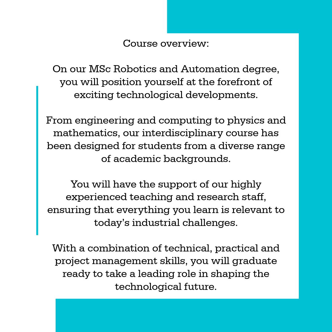 Are you interested in studying MSc Robotics and Automation at Manchester Met? 

Swipe to find out more about this course, based in our Faculty of Science and Engineering.

For further information, visit the course webpage using the link below.

buff.ly/qQnHRKO