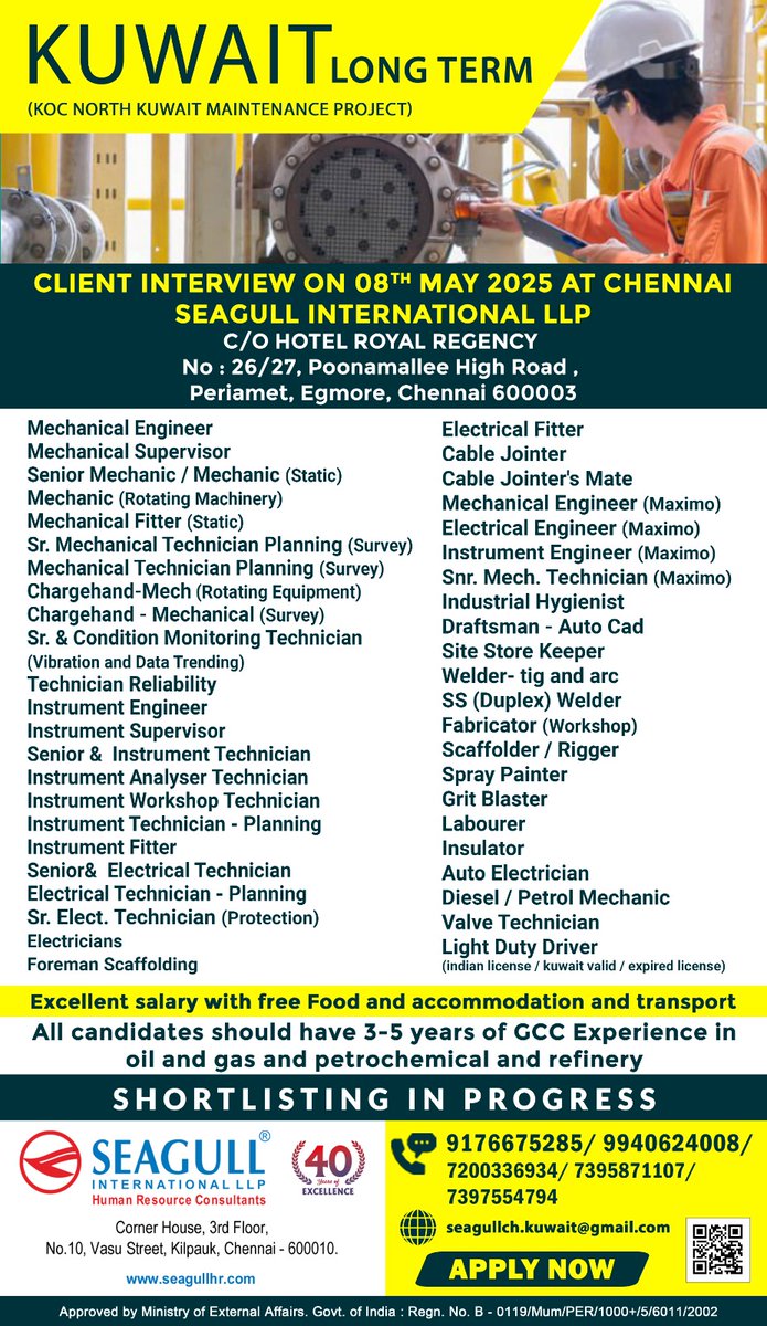 hrd1_seagull's tweet image. 🇰🇼Kuwait Jobs
📝Client Interview On 8th May 
📍Location - Chennai
. 

.

.
#kuwaitjobs #mechanicalengineer #sitestorekeeper #spraypainter