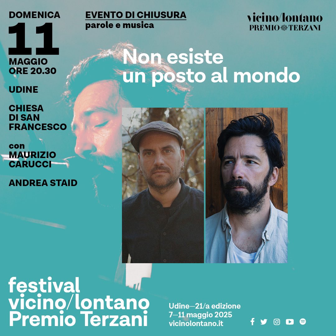 Evento di chiusura – Non esiste un posto al mondo
Domenica 11 maggio – ore 20.30
Chiesa di San Francesco, Udine
Parole e musica per chiudere insieme questa edizione del festival.
Con Maurizio Carucci e <a href="/staid_andrea/">andrea staid</a>. 
Un dialogo intenso tra canzoni e pensieri.
#vicinolontano2025