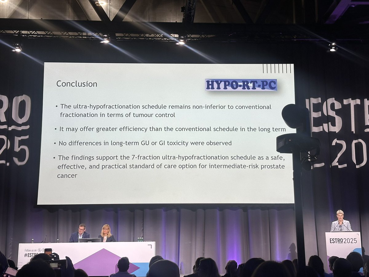 HYPO-RT-PC 10-year results! 
UHF RT (42.7 Gy/7 fx) shows non-inferior failure-free survival vs  CRT (78 Gy/39 fx):
- 72% vs 65% <a href="/10y/">10Y</a> 
Long-term tox:
- No significant differences in grade ≥2 GU/GI events 
UHF-RT as a safe, effective, and efficient standard for localized PCa .
