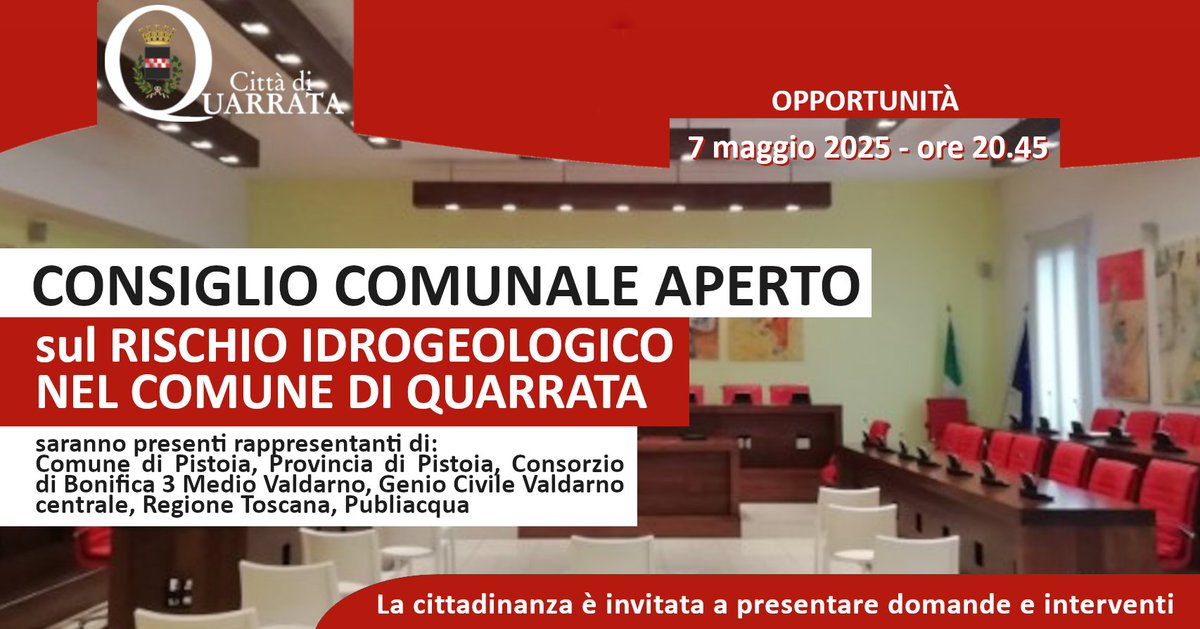 📌 CONSIGLIO COMUNALE APERTO
La seduta aperta a interventi e domande della cittadinanza sul "rischio idrogeologico nel Comune di Quarrata” sarà effettuata in presenza mercoledì 7/5 dalle 20.45 presso la Sala Consiliare e trasmessa in diretta streaming.

👉bit.ly/3Yqq3oi
