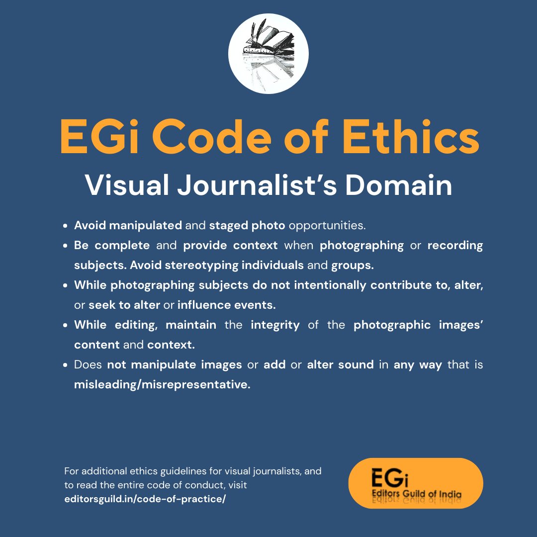 World Press Freedom Day | May 3

In an age of widespread manipulation, authentic visuals are vital to truthful storytelling

Report with integrity &amp; context

Read EGI’s Code of Ethics

Excerpted below: Guidelines for Visual Journalists

Entire Code at: editorsguild.in/code-of-practi…