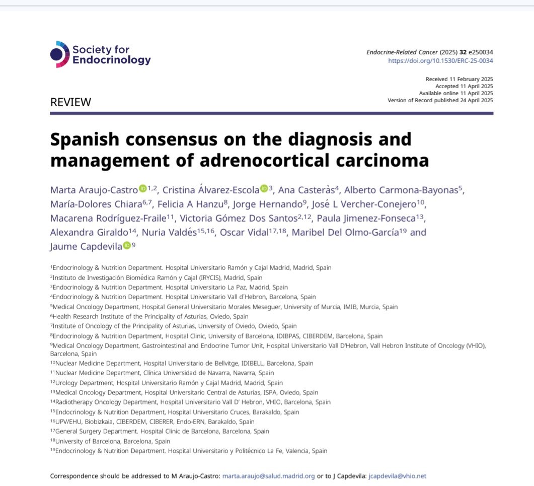 Marta Araujo-Castro, MD, PhD (@marta_araujo_c) on Twitter photo 💢💢The result of a collaborative project among <a href="/sociedadSEEN/">Sociedad SEEN</a>
<a href="/GrupoGetne/">Grupo GETNE</a>
<a href="/aecirujanos/">aecirujanos</a> <a href="/_SEOM/">SEOM</a>
<a href="/SEMNIMoficial/">SEMNIM</a> #SEOR <a href="/SEAP_IAP/">SEAP-IAP</a> #AEU
📌Spanish consensus on the diagnosis and management of adrenocortical carcinoma
👉Free-access👉👉
erc.bioscientifica.com/view/journals/… 💢💢The result of a collaborative project among <a href="/sociedadSEEN/">Sociedad SEEN</a>
<a href="/GrupoGetne/">Grupo GETNE</a>
<a href="/aecirujanos/">aecirujanos</a> <a href="/_SEOM/">SEOM</a>
<a href="/SEMNIMoficial/">SEMNIM</a> #SEOR <a href="/SEAP_IAP/">SEAP-IAP</a> #AEU
📌Spanish consensus on the diagnosis and management of adrenocortical carcinoma
👉Free-access👉👉
erc.bioscientifica.com/view/journals/…