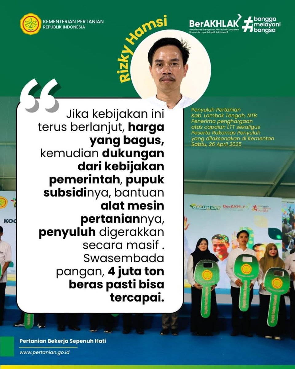 Dengan dukungan kebijakan yang berpihak, harga gabah yang stabil dan menguntungkan, serta peran aktif penyuluh pertanian, stok beras Indonesia dipastikan mampu menembus angka 4 juta ton, tertinggi dalam 23 tahun terakhir!

#PetaniHebat
#PenyuluhTangguh
#Beras4JutaTon