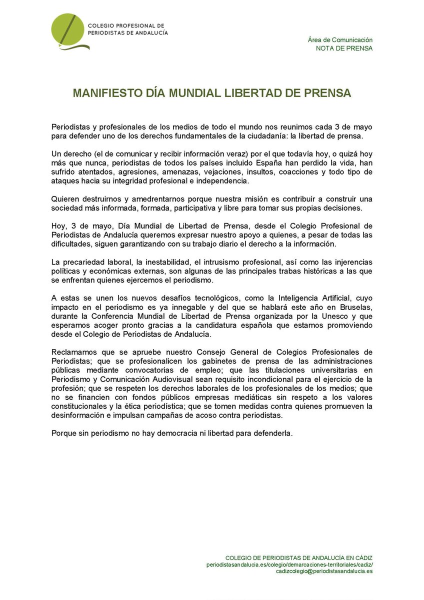 Reclamamos que se apruebe nuestro Consejo General de Colegios Profesionales de Periodistas; que se profesionalicen los gabinetes de prensa de las administraciones públicas mediante convocatorias de empleo; #díalibertaddeprensa