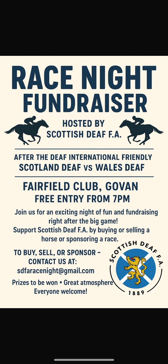 Scottish Deaf F.A. (@scottishdeaffa) on Twitter photo Just two weeks to go for the Wales match!
We have a Race Night planned for after the match at 7PM with the details below on the poster. If you are interested please contact SDFAracenight@gmail.com
🏴🏴 Just two weeks to go for the Wales match!
We have a Race Night planned for after the match at 7PM with the details below on the poster. If you are interested please contact SDFAracenight@gmail.com
🏴🏴