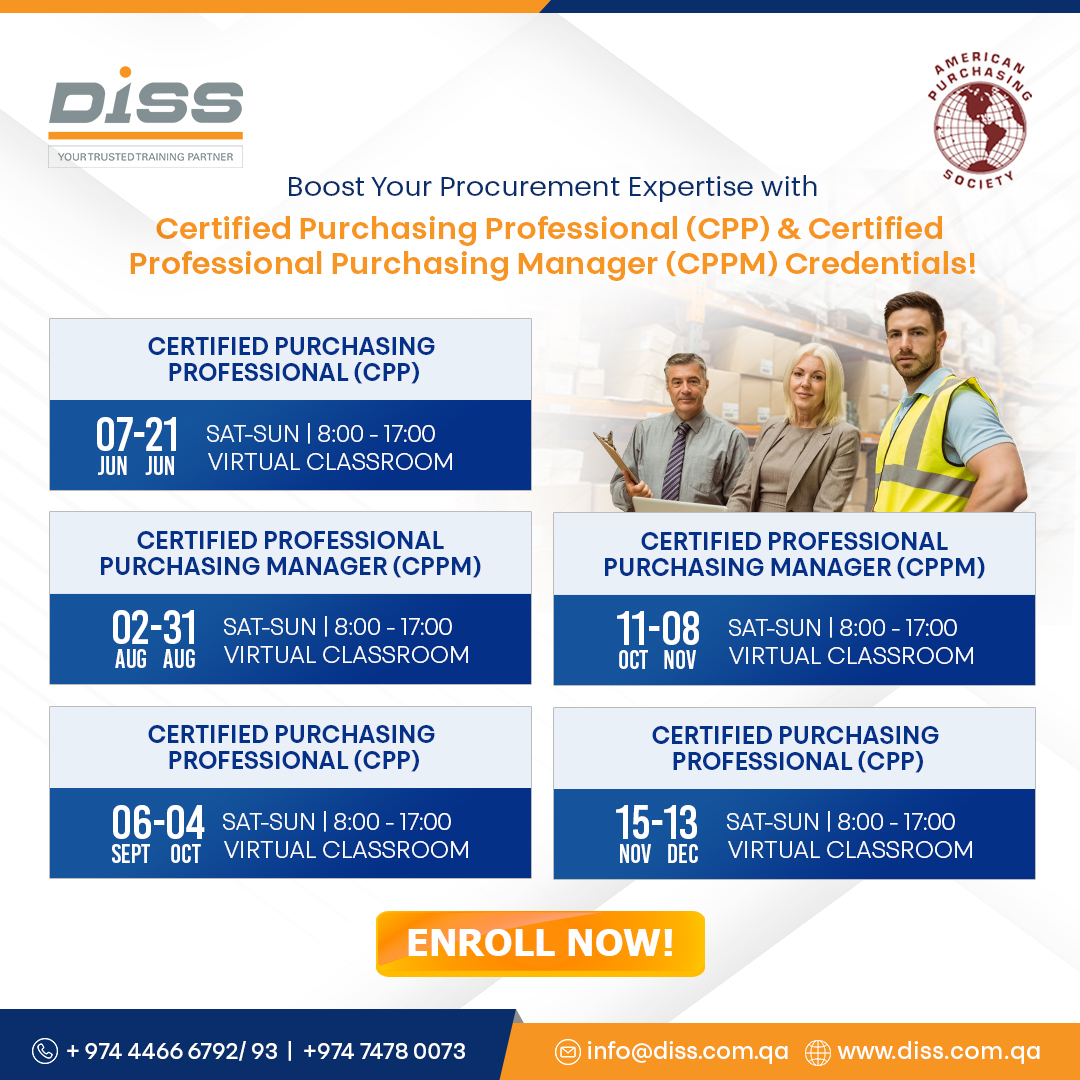 DISSQtr's tweet image. Elevate Your Procurement Career with DISS!
Ready to elevate your credentials? Let’s get certified!
Email: info@diss.com.qa
Call: +974 44666792 / 93
WhatsApp: +974 74780073
#Procurement #CPP #CPPM #SupplyChainManagement #ProfessionalDevelopment #CareerUpgrade #DISSQatar #Virtual