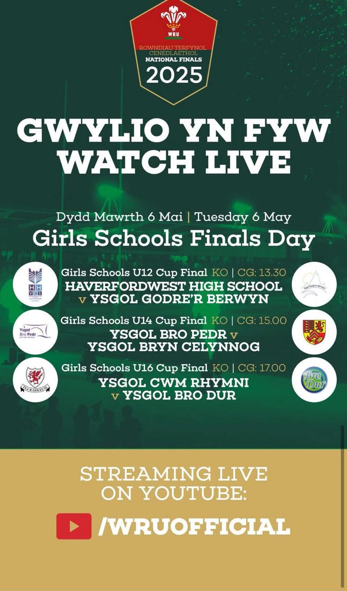 🏴󠁧󠁢󠁷󠁬󠁳󠁿🏆🏉
Dewch yn llu i wylio’r merched dan 16 mewn gêm derfynol cwpan rygbi Cymru dan 16⬇️

🏴󠁧󠁢󠁷󠁬󠁳󠁿🏆🏉

Dydd Mawrth/Tuesday 6/5/25
Rodney Parade, Casnewydd
17:00

🏴󠁧󠁢󠁷󠁬󠁳󠁿🏆🏉

⬆️Come and support the girls in the <a href="/WelshRugbyUnion/">Welsh Rugby Union 🏴󠁧󠁢󠁷󠁬󠁳󠁿</a> U16 National schools final

🏴󠁧󠁢󠁷󠁬󠁳󠁿🏆🏉