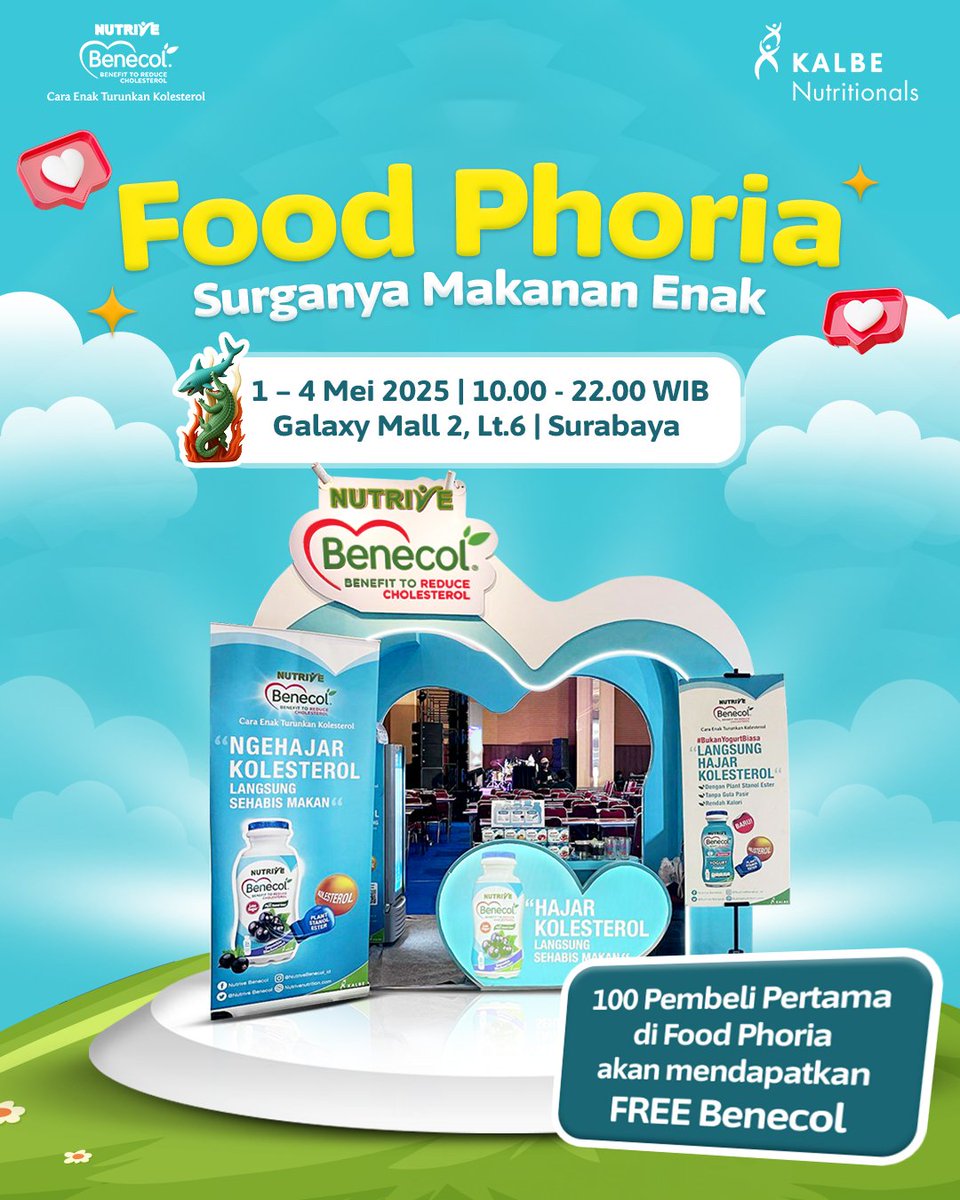 Nutrivers Surabaya, merapat! Manjain lidahmu dengan berbagai kuliner yang ada di Food Phoria! 🍴😋

Catat tanggal &amp; lokasinya ya:
📍 Galaxy Mall 2, Lantai 6 – Surabaya
📅 1–4 Mei 2025

Jangan lupa mampir! 😉

#EatBenecolRepeat