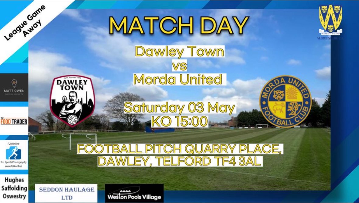 Last game of the season away at Dawley. One final push.

🆚 <a href="/DawleyTownFC/">Dawley Town FC</a> 
🏆 <a href="/SalopLLeague/">Salop Leisure League</a> 
🕰️ 3pm KO
📆 Sat 3rd May
📍 Hamer Leisure (SY4 3AL)

🟡🔵