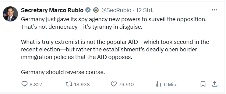 The new US-autocracy sending out its dogs to attack the constitution of former allies. #Rubio #Vance #AfD