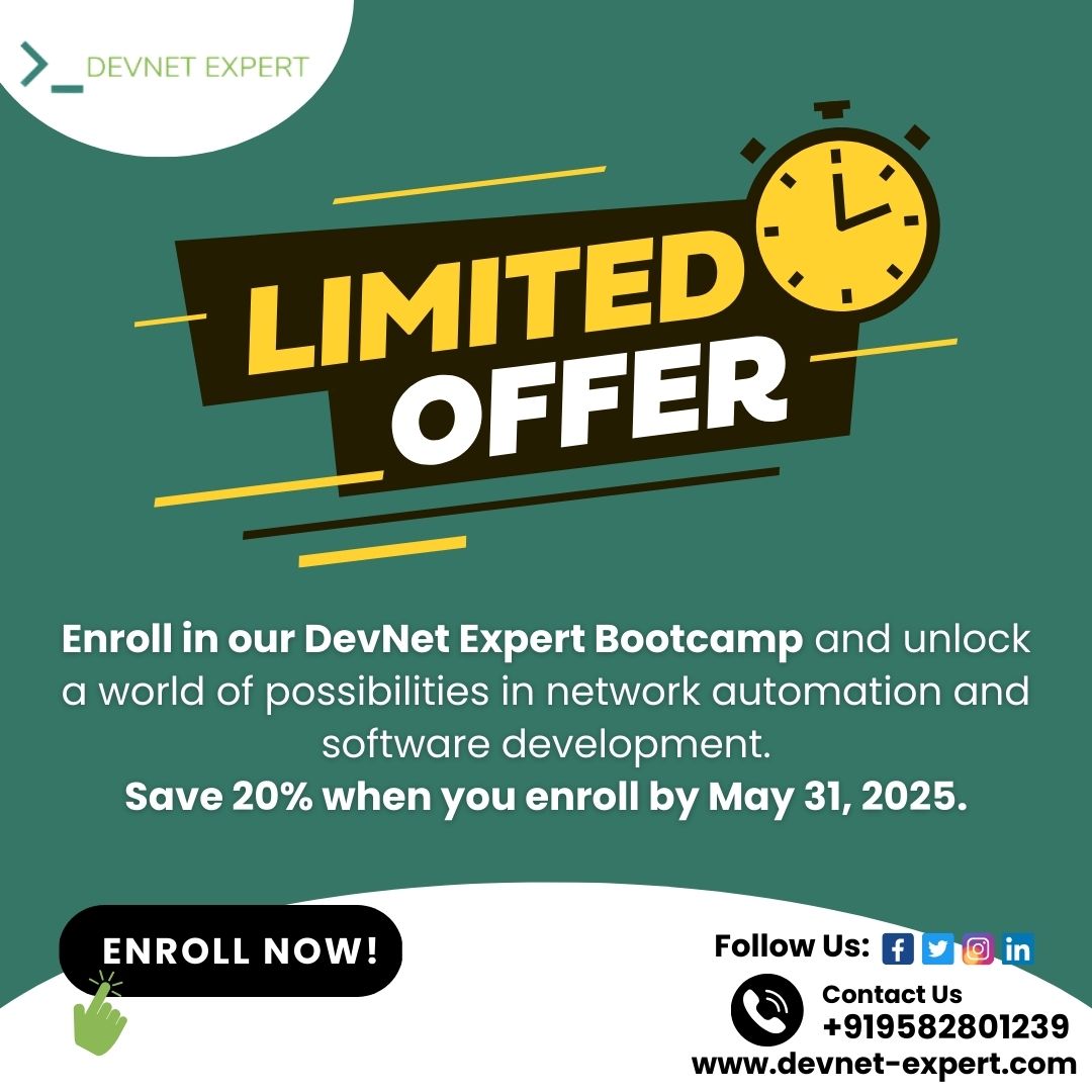 devnetexpert1's tweet image. DevNet Expert Bootcamp – Save 20% by May 31! Enroll now!
𝘃𝗶𝘀𝗶𝘁 𝘂𝘀: lnkd.in/ey847s9n
𝗖𝗼𝗻𝘁𝗮𝗰𝘁 𝘂𝘀: +91-9582-801-239
𝗘𝗺𝗮𝗶𝗹: info@devnetexpert.com
#DevNetExpert #CiscoDevNet #NetworkAutomation #BootcampOffer #DevNetBootcamp #NetworkingPros #AutomationSkills