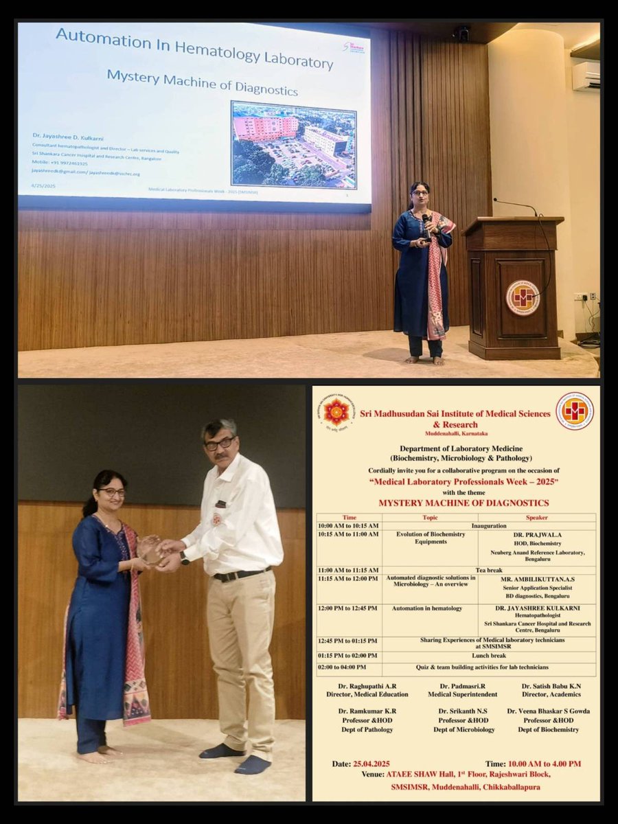 shankaracancer's tweet image. #SriMadhusudanSaiInstitute @sri_madhu_sai hosted a #CME on 25.04.2025 for #MedicalLabProfessionalsWeek.
#DrJayashreeKulkarni’s spoke on “Automation in Hematology” from the theme: “Mystery Machine of Diagnostics – Another Case Solved by the Lab.”