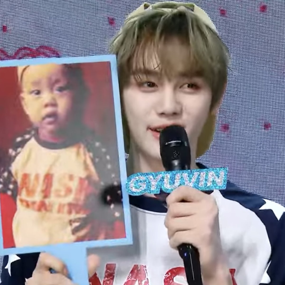 gyuvin dressed as his baby picture because it’s children‘s day 🥹🩵