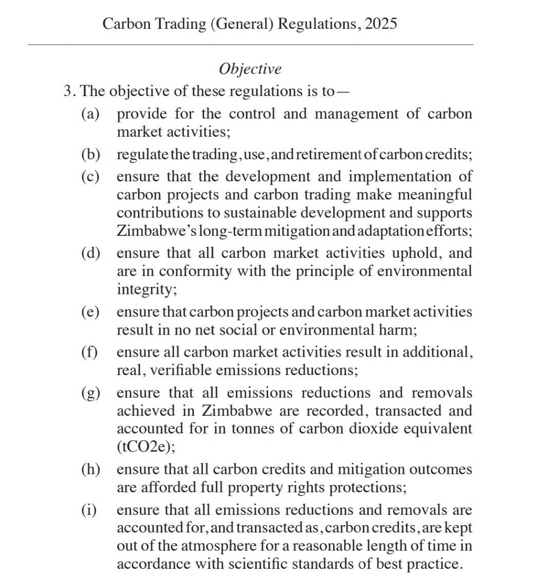 Climate Change Management Department (@climatezimdept) on Twitter photo The Government of Zimbabwe has enacted Carbon Trading (General) Regulations 2025 (S.I 48 of 2025) to provide control and management of carbon market activities. The Regulations shall apply to all carbon projects and carbon market activities in Zimbabwe <a href="/MinOECW/">Ministry of Environment, Climate and Wildlife</a> <a href="/UNFCCC/">UN Climate Change</a> The Government of Zimbabwe has enacted Carbon Trading (General) Regulations 2025 (S.I 48 of 2025) to provide control and management of carbon market activities. The Regulations shall apply to all carbon projects and carbon market activities in Zimbabwe <a href="/MinOECW/">Ministry of Environment, Climate and Wildlife</a> <a href="/UNFCCC/">UN Climate Change</a>