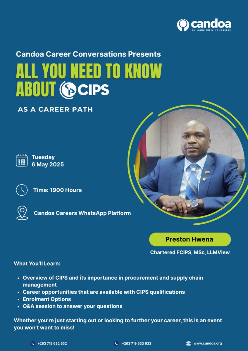 zvavamwes's tweet photo. Join us for our Career Conversations on Tuesday, 6 May, as we discuss everything you need to know about CIPS as a career path. Preston Chihwena, the Chairperson for CIPS Zimbabwe, will be presenting.  Join us on the link below

https://t.co/ZF3LBmYcOD https://t.co/ZvFo7w0BY6