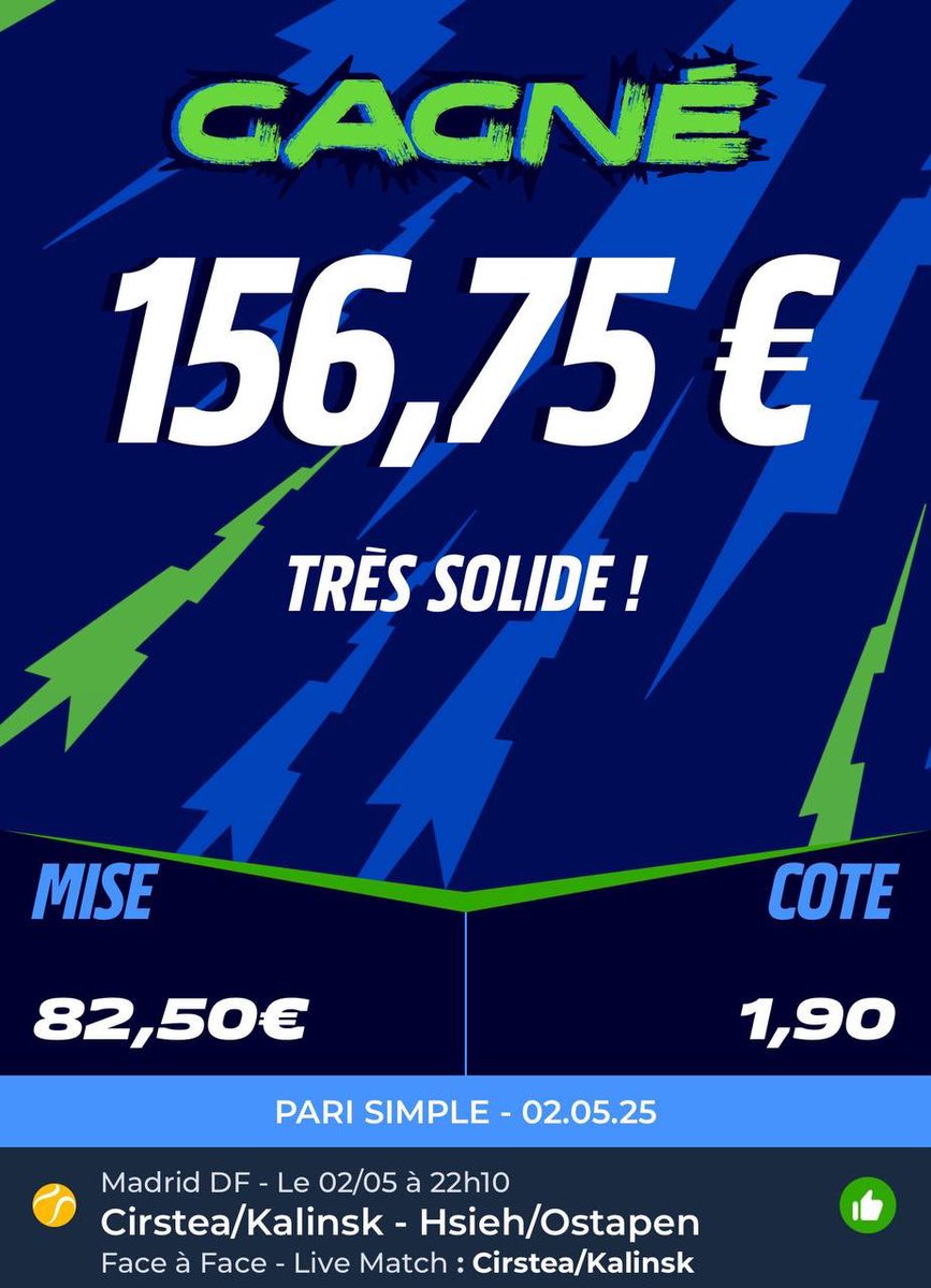 TONTONSEB10's tweet image. 🥇BOOM LA DINGUERIE🎯

P1️⃣: 50€➡️82,50€✅
P2️⃣: 82,50€➡️156,75€✅
P3️⃣: 156,75€➡️250,80€✅
P4️⃣: 250,80€➡️476,52€✅

J’avais prévenu c’était posté sur mon canal télégramme ( lien en bio ) 

J’offre 10€ paysafecard à quelqu’un qui a RT ce post 

#TeamParieur