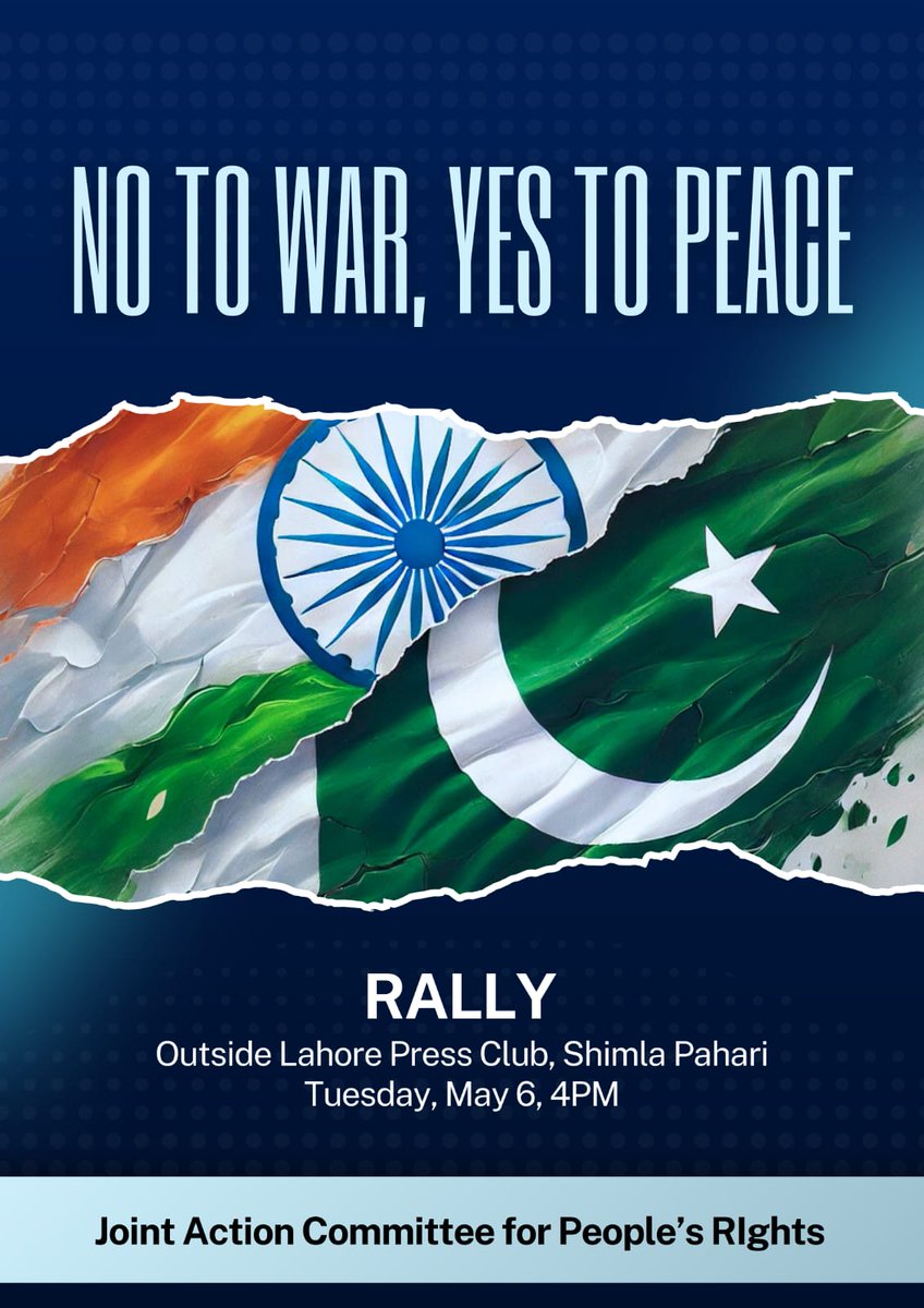 Joint Action Committee for People’s Rights (JAC) in its meeting held this week in Lahore expressed alarm at the war mongering and escalating tensions between Pakistan and India, bringing the region at the brink of war.

#SayNotoWarYestoPeace