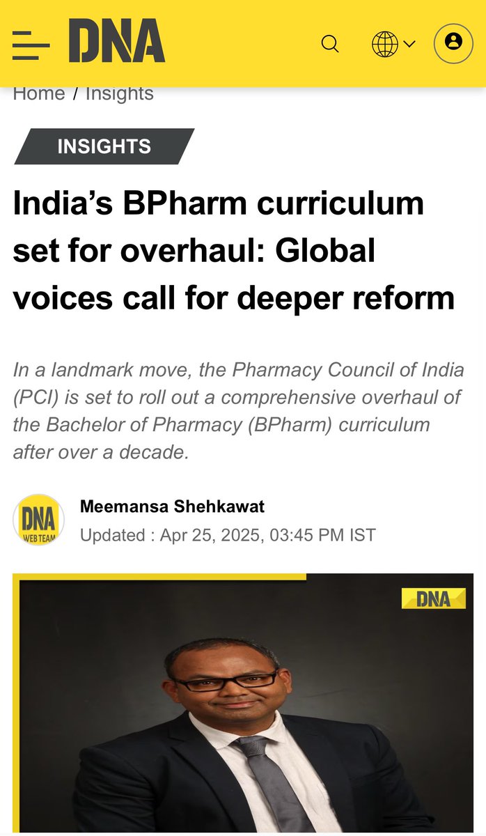 The Pharmacy Council of India <a href="/President_PCI/">Pharmacy Council of India</a>  is finally initiating a major overhaul of the Bachelor of Pharmacy (BPharm) curriculum, and it’s a welcome move.
I’ve shared my thoughts with DNA <a href="/dna/">DNA</a> read on for the full story here:
dnaindia.com/insights/repor…