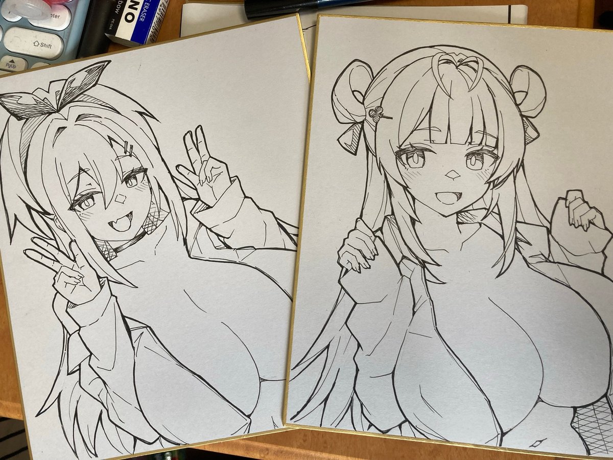 BOOTH用の色紙制作中～ペン入れまで🍑✨
アナログは超緊張します!😅💦 