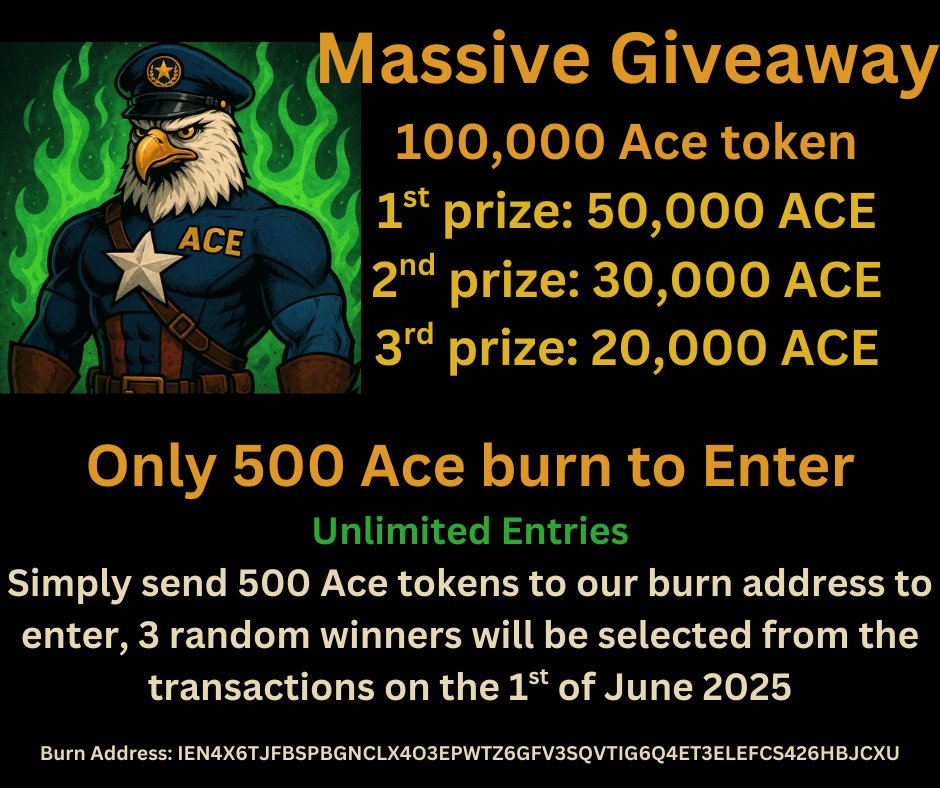 worqingonit's tweet image. 100k #ACE token giveaway competition! 
.
To enter simply send 500 ACE to this burn wallet:
. IEN4X6TJFBSPBGNCLX4O3EPWTZ6GFV3SQVTIG6Q4ET3ELEFCS426HBJCXU
.
This is a vestige vault burn wallet, once there they are burned for good! 
.
The current value of the prizes are... 
.
1st:…