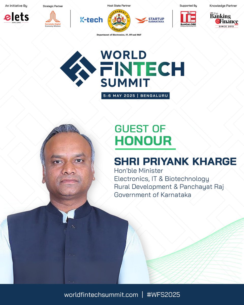 ITBT Karnataka (@itbtgok) on Twitter photo Hon'ble Minister Shri <a href="/PriyankKharge/">Priyank Kharge / ಪ್ರಿಯಾಂಕ್ ಖರ್ಗೆ</a> will be Chief Guest at the World Fintech Summit. Join us May 5-6 at Sheraton Grand Bangalore to discover how Karnataka is becoming a global technology leader and innovation hub.
Register: bit.ly/41kqm5O
<a href="/DrCaur/">Dr. Ekroop Caur</a> <a href="/karnatakadem/">Karnataka Digital Economy Mission (KDEM)</a> Hon'ble Minister Shri <a href="/PriyankKharge/">Priyank Kharge / ಪ್ರಿಯಾಂಕ್ ಖರ್ಗೆ</a> will be Chief Guest at the World Fintech Summit. Join us May 5-6 at Sheraton Grand Bangalore to discover how Karnataka is becoming a global technology leader and innovation hub.
Register: bit.ly/41kqm5O
<a href="/DrCaur/">Dr. Ekroop Caur</a> <a href="/karnatakadem/">Karnataka Digital Economy Mission (KDEM)</a>