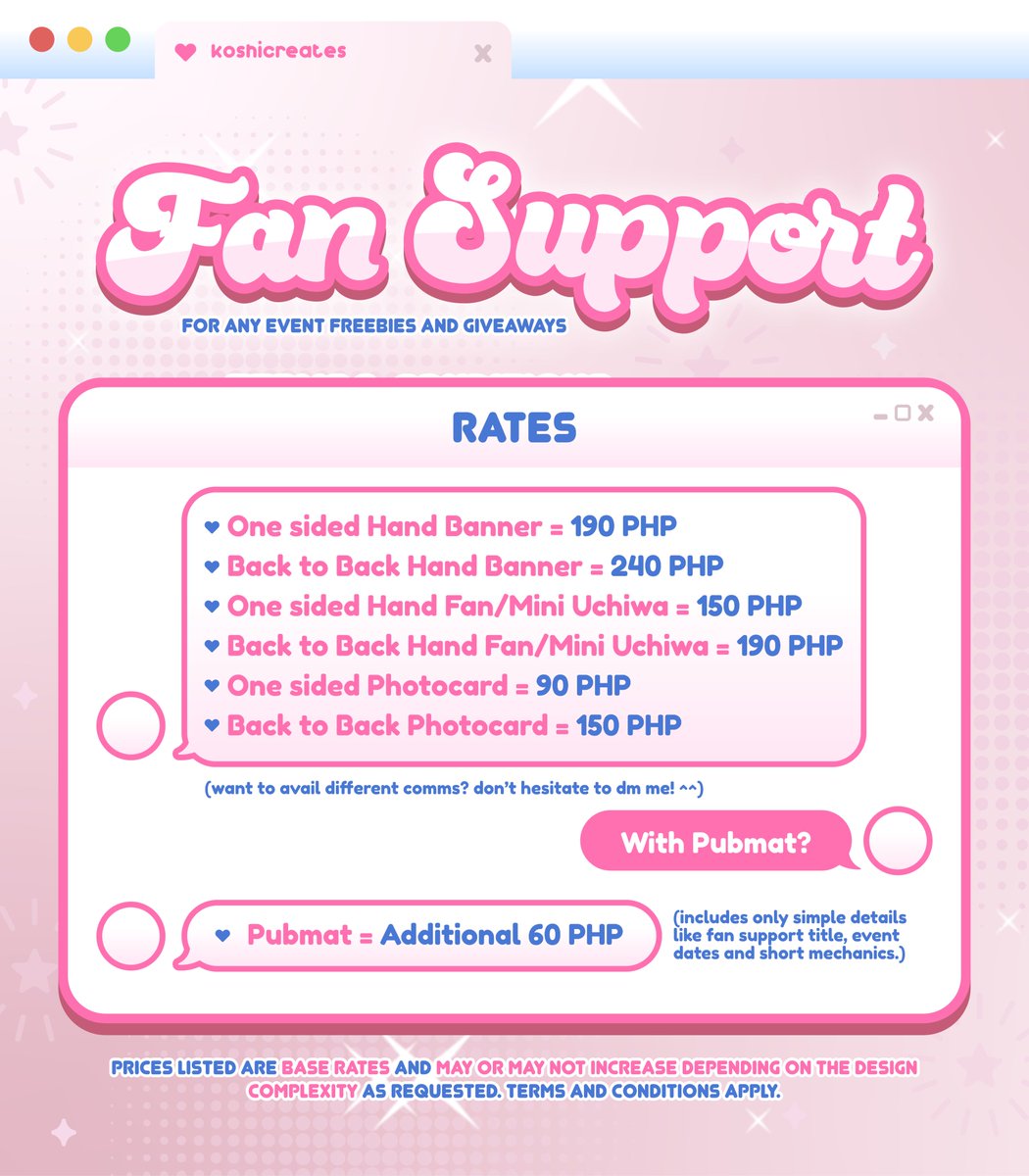 koshicreates's tweet image. 🎀⋆˙⟡┆@koshicreates&apos;s fan support design services ! 

— helped created fan support freebie &amp;amp; giveaway designs come to life since 2023 ! allow me to make yours as well ₊˚⊹

#designcommission #kpopcommission #kpopdesign hand banner hand fan photocard pubmat