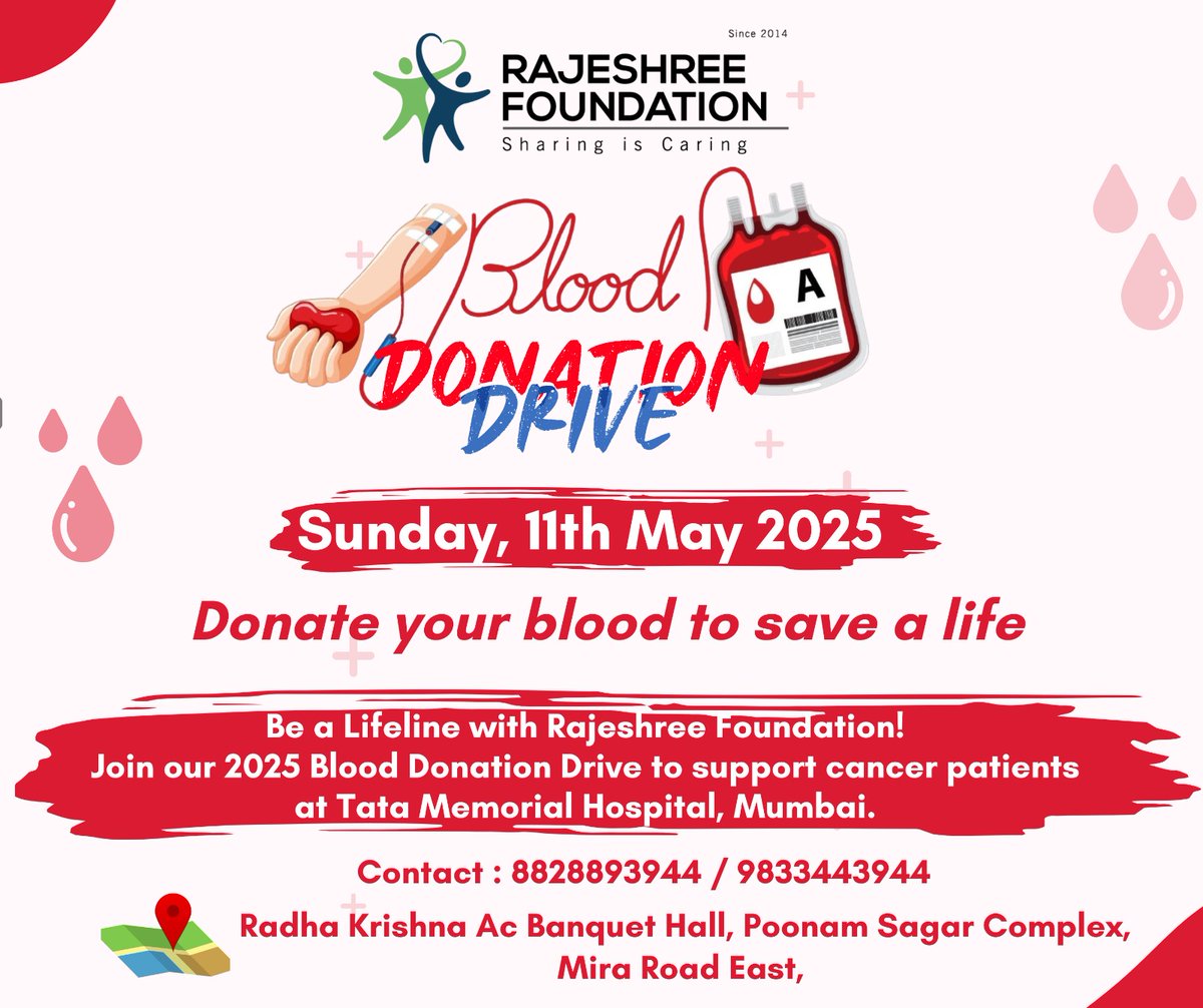 RajeshreeFound1's tweet image. Your Blood Can Beat Cancer!
Join us for the 2025 Blood Donation Drive – 2nd Edition, organized by #RajeshreeFoundation in support of cancer patients at Tata Memorial Hospital, #Mumbai

📅Sunday, 11th May 2025
🕘9:30 AM to 3:30 PM
📍Radha Krishna (AC) Hall, Poonam Sagar, #Miraroad