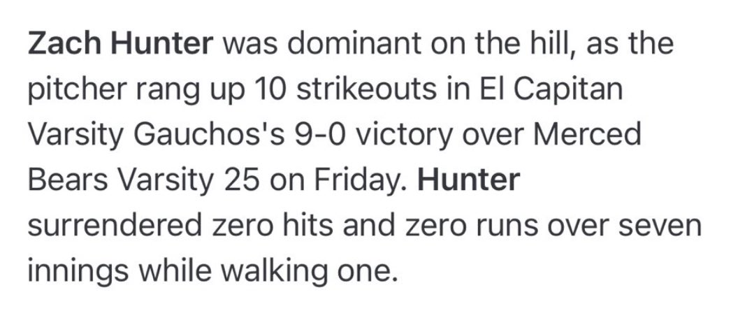 Zach Hunter (@z_hunter32) on Twitter photo Tonight’s outing: 7ip, 0 hits, 0 runs, 10k’s, 1bb. Couldn’t have done it without my teammates out there with me! Proud of the boys for an incredible league season winning it all. Keeping this energy moving into playoffs! <a href="/ECapbaseball/">El Capitan Baseball ⚾️</a> Tonight’s outing: 7ip, 0 hits, 0 runs, 10k’s, 1bb. Couldn’t have done it without my teammates out there with me! Proud of the boys for an incredible league season winning it all. Keeping this energy moving into playoffs! <a href="/ECapbaseball/">El Capitan Baseball ⚾️</a>