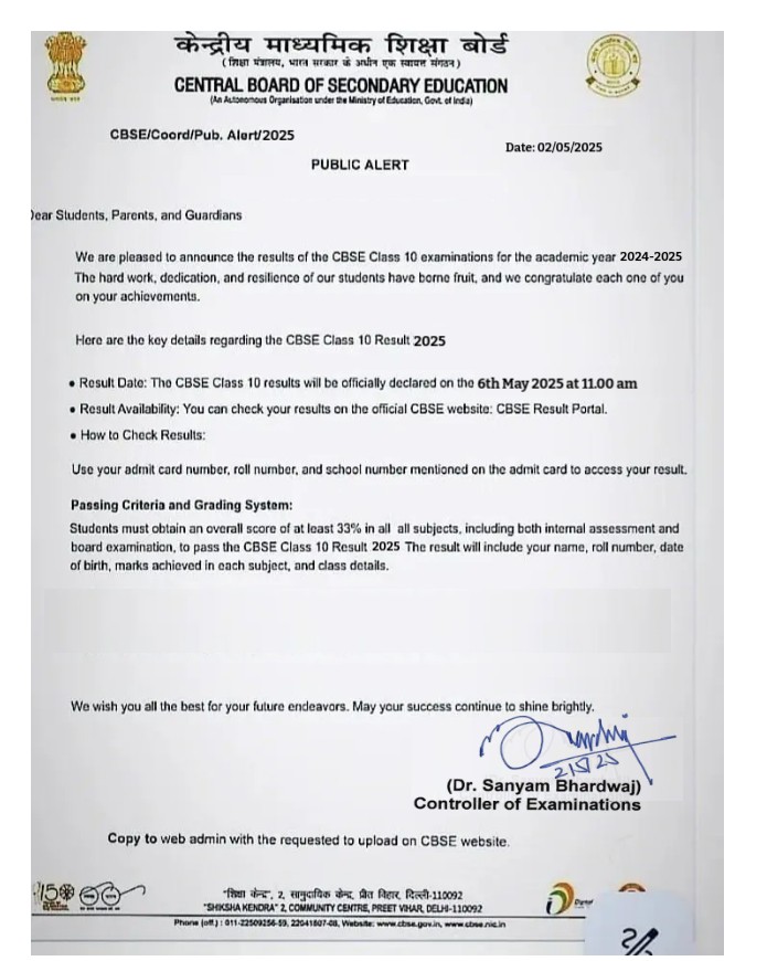 Live01News's tweet image. Hey ! #cbseresults2025  #CbseResult2025 #result2025
The result will come on 6th may 2025  .
Is it True , in social media a pdf (i  had attached) circular is circulating and claims that #CBSE will issue this notice on Monday 5th May 2025 😢
Please Tell , I m very anxious &amp;amp; feared