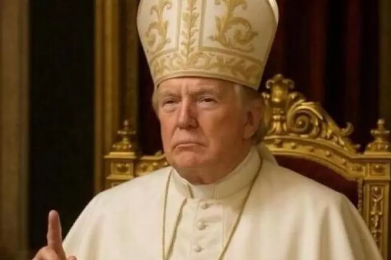 PLanciani's tweet photo. A pochi giorni da inizio conclave per successione di Papa Francesco ci mancava Donald Trump vestito da papa sui social della Casa Bianca https://t.co/KS3QZElNI7
