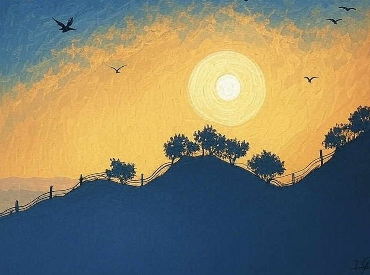 Sunrise carves new paths,
Colours sing where shadows fade.
Who are you today?

Another #Haiku this week, with a variation on my Golden Hour art.  #poetry #poem #light #p5js #art #landscape #fxhash