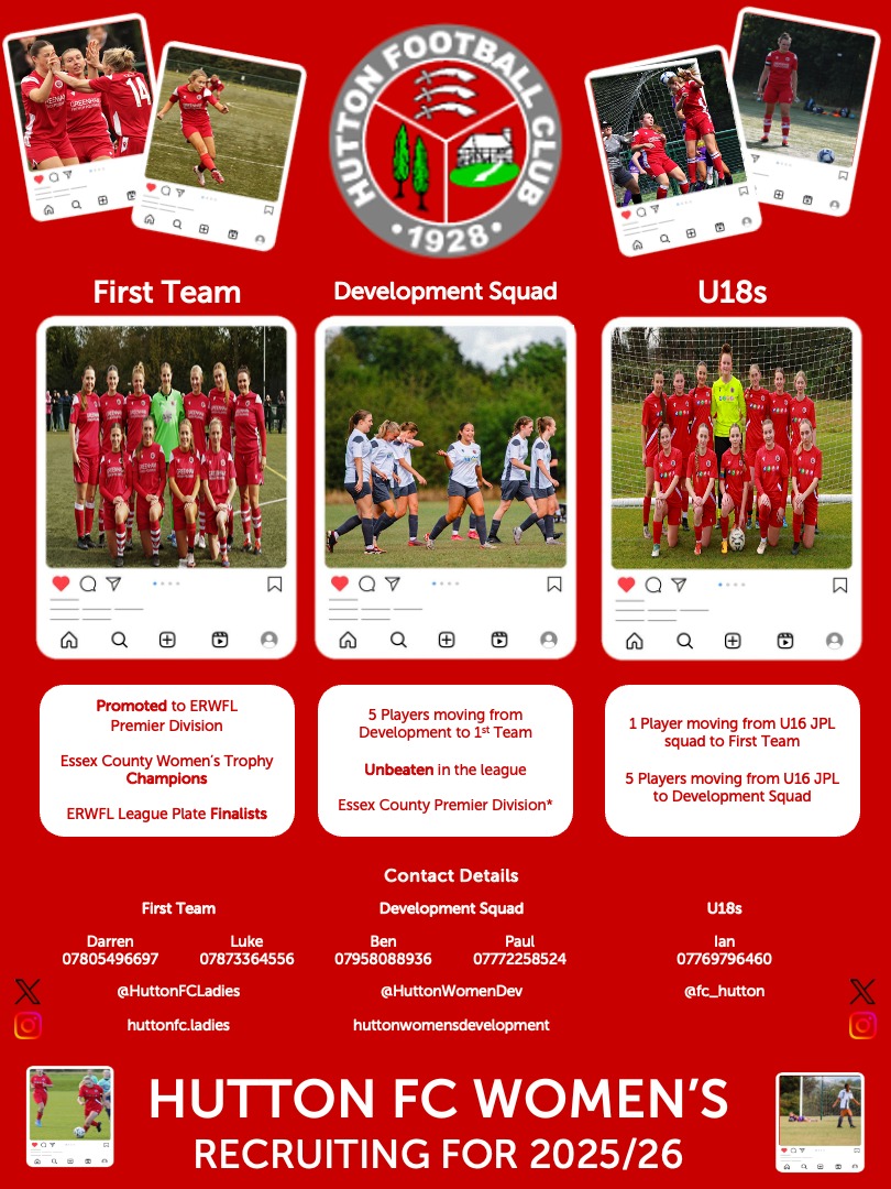 Did we say promotion TBC and Essex Trophy finalists? There's still time to register your interest for joining the pathway at Hutton!

forms.gle/LjuqyDdRDjtYq4… 

1st Team: 
ERWFL Div 1 South Champions ✅️🏆
Essex County Women's Trophy  Champions ✅️🏆
ERWFL League Plate ⏳️