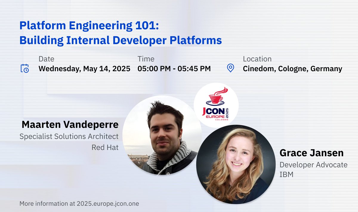 openlibertyio (@openlibertyio) on Twitter photo š” Too many tools, too much complexity, not enough time? Itās time to explore #PlatformEngineering!
šļø Join <a href="/gracejansen27/">Grace Jansen</a> and Maarten Vandeperre at #JCON2025 in Cologne for Platform Engineering 101: Building Internal Developer Platforms
šļø Wednesday, May 14 | 17:00ā17:45 š” Too many tools, too much complexity, not enough time? Itās time to explore #PlatformEngineering!
šļø Join <a href="/gracejansen27/">Grace Jansen</a> and Maarten Vandeperre at #JCON2025 in Cologne for Platform Engineering 101: Building Internal Developer Platforms
šļø Wednesday, May 14 | 17:00ā17:45
